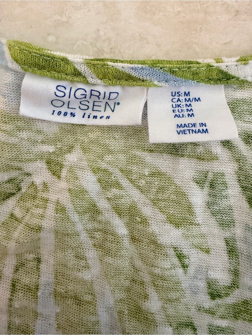Sigrid Olsen Linen Tropical Shirt Medium Palm Frawn Short Sleeve Green Blue - Picture 4 of 4